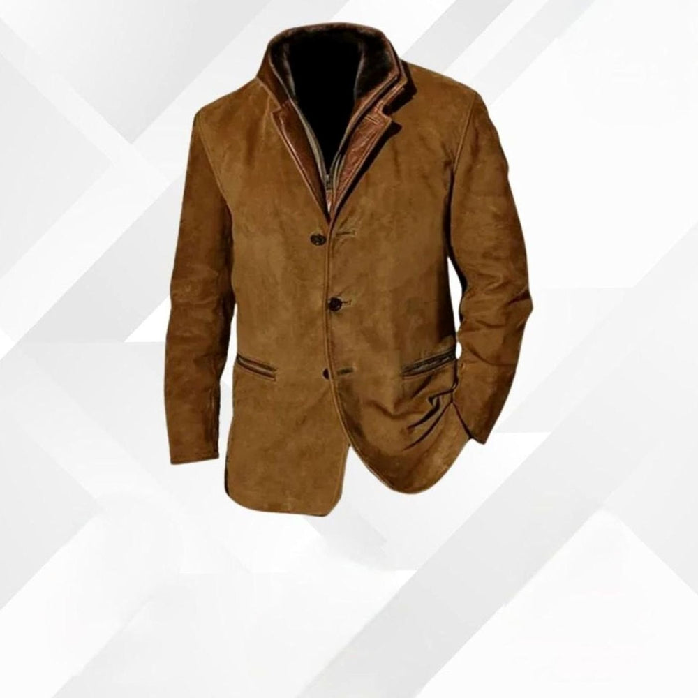 Men's Classic Button-Up Warm Jacket Contrast Leather Collar - Brown