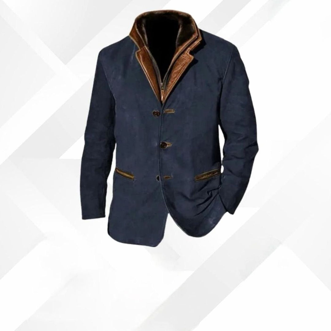 Men's Classic Button-Up Warm Jacket Contrast Leather Collar - Dark Blue