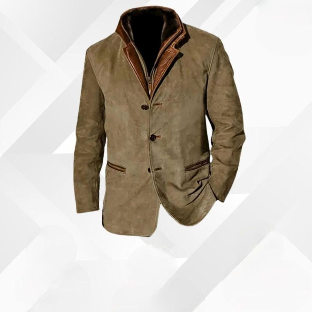 Men's Classic Button-Up Warm Jacket Contrast Leather Collar - Khaki