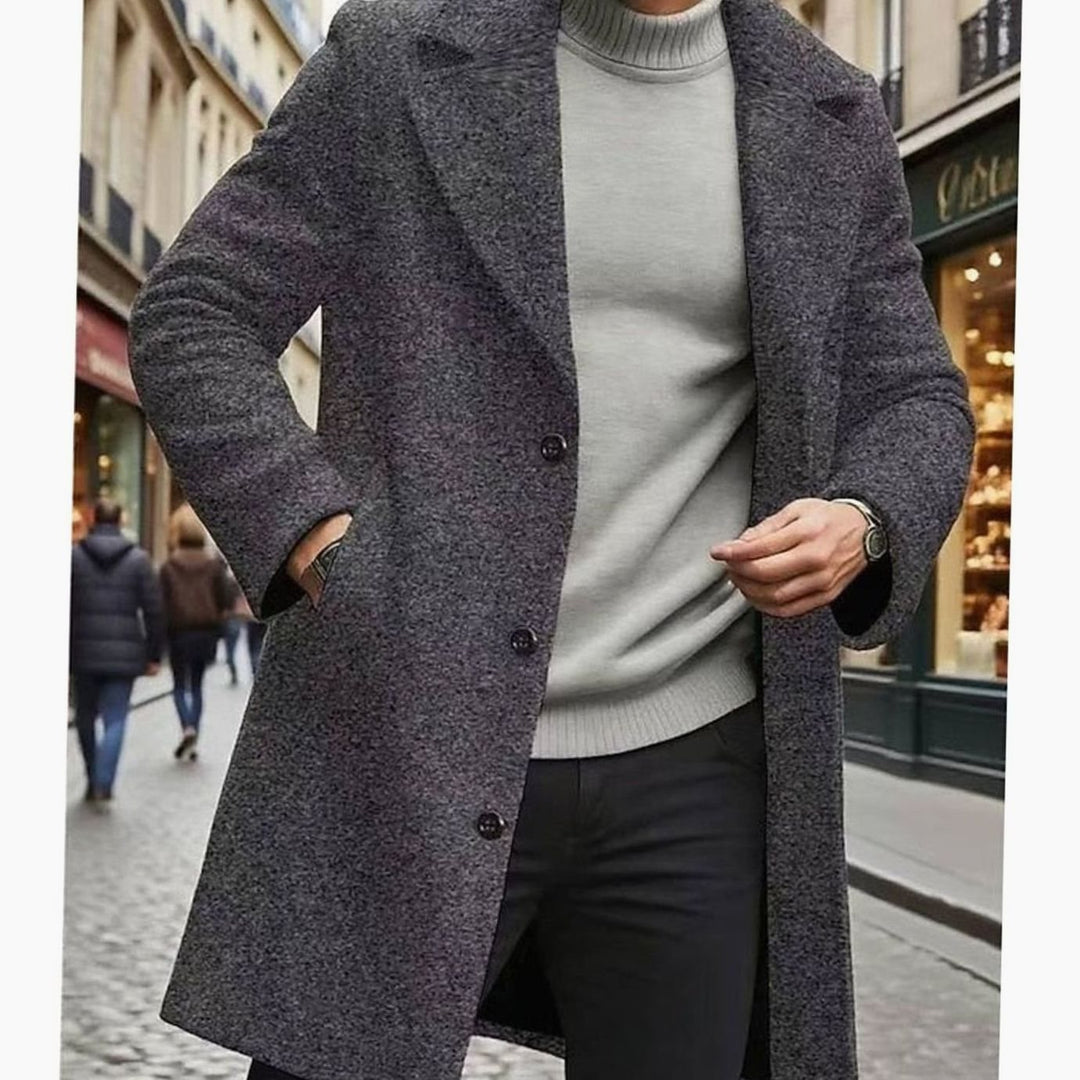 Men's Classic Long Single-Breasted Wool Overcoat, Dark Grey - Dark Grey