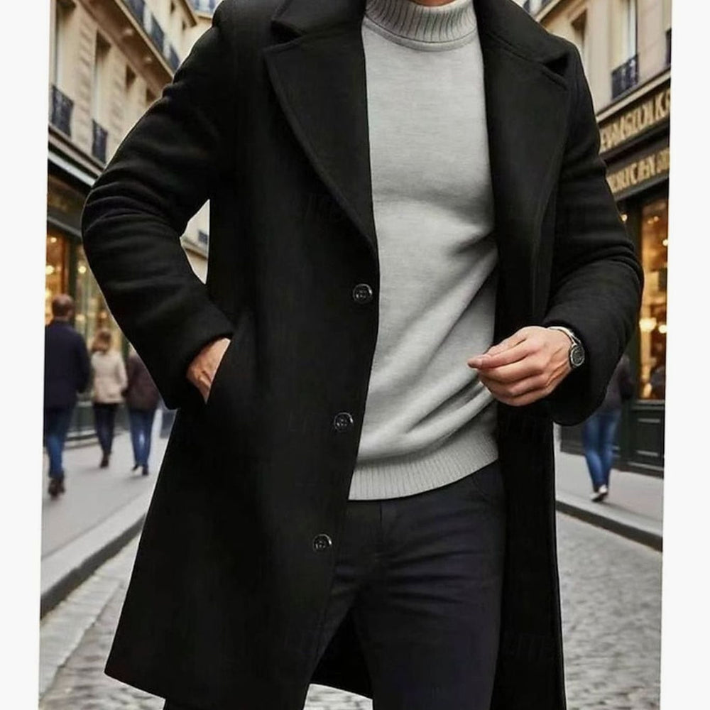 Men's Classic Long Single-Breasted Wool Overcoat, Dark Grey - Black