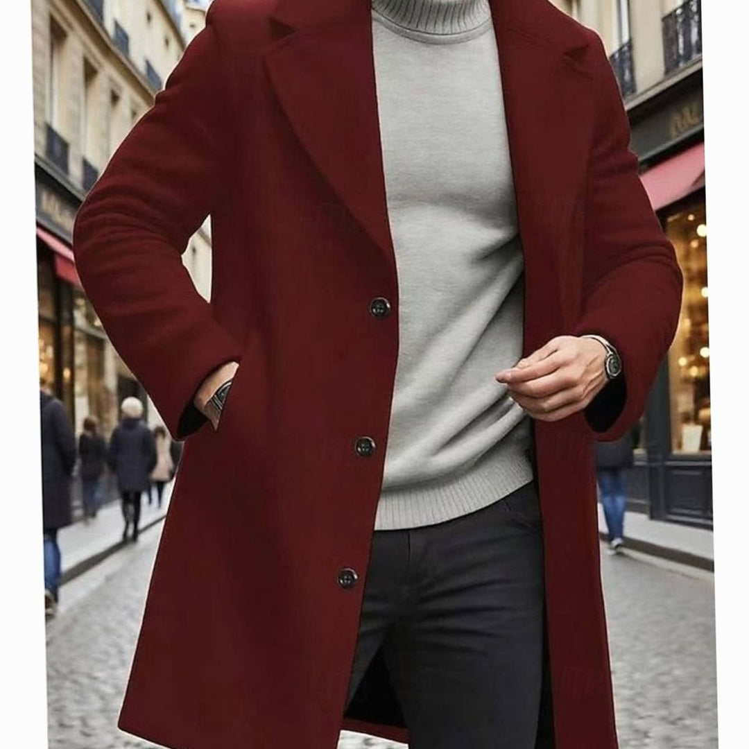 Men's Classic Long Single-Breasted Wool Overcoat, Dark Grey - Red