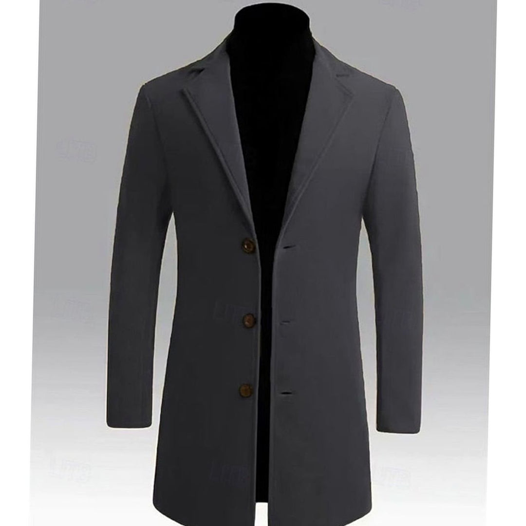 Men's Classic Long Single-Breasted Wool Overcoat, Dark Grey