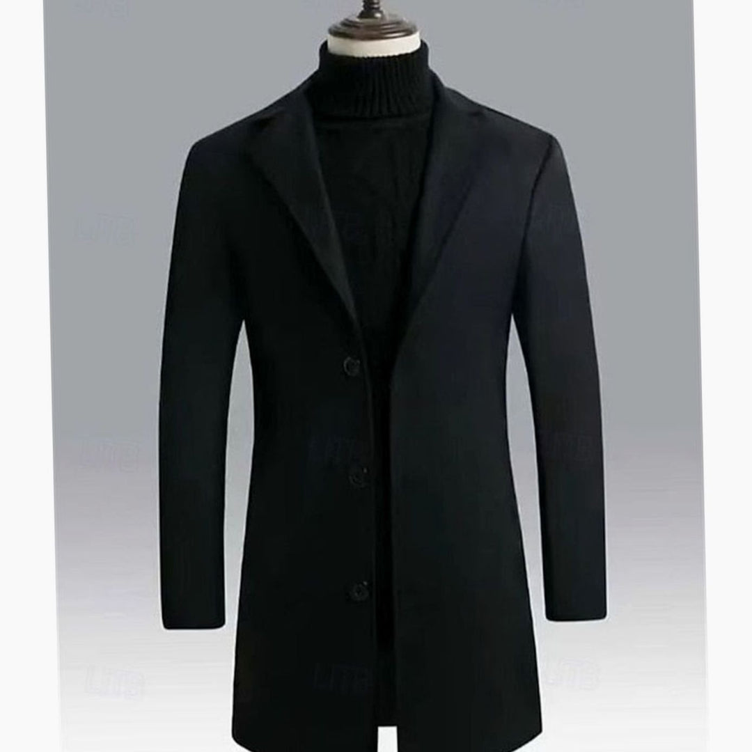 Men's Classic Long Single-Breasted Wool Overcoat, Dark Grey