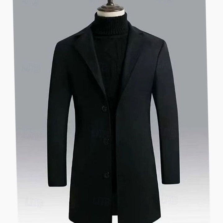 Men's Classic Long Single-Breasted Wool Overcoat, Dark Grey