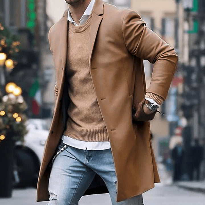 Men's Classic Long Tailored Street Style Coat - Khaki