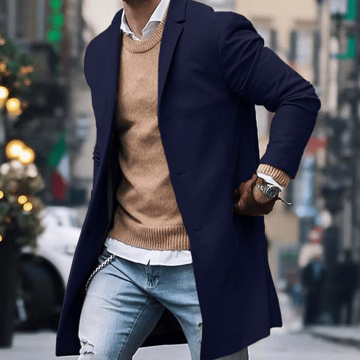 Men's Classic Long Tailored Street Style Coat - Navy Blue