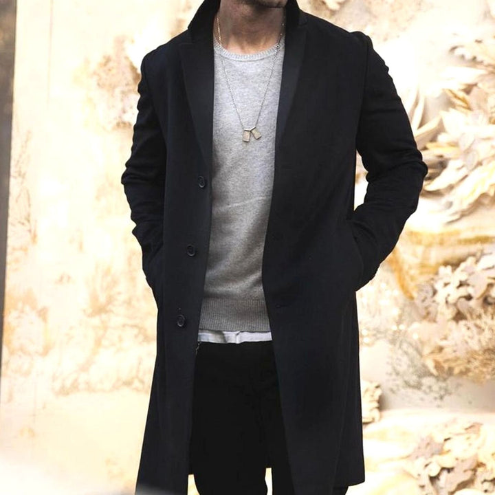 Men's Classic Long Tailored Street Style Coat - Black