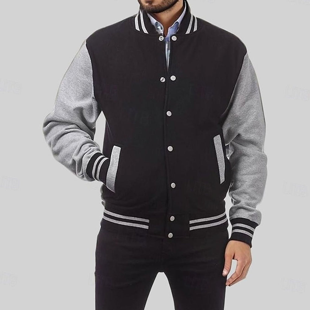 Men's Classic Snap-Front Varsity Jacket Ribbed Collar
