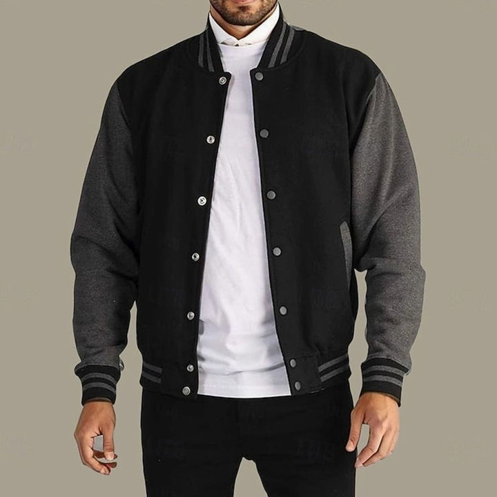 Men's Classic Snap-Front Varsity Jacket Ribbed Collar