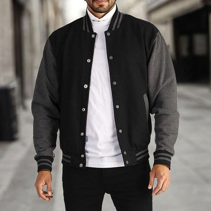 Men's Classic Snap-Front Varsity Jacket Ribbed Collar - Black