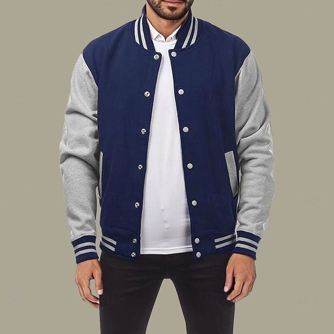 Men's Classic Snap-Front Varsity Jacket Ribbed Collar
