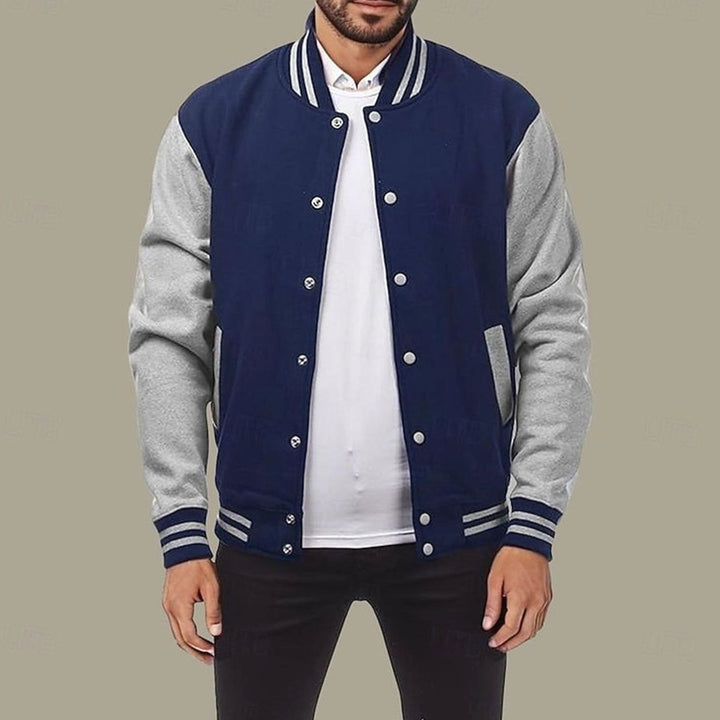 Men's Classic Snap-Front Varsity Jacket Ribbed Collar