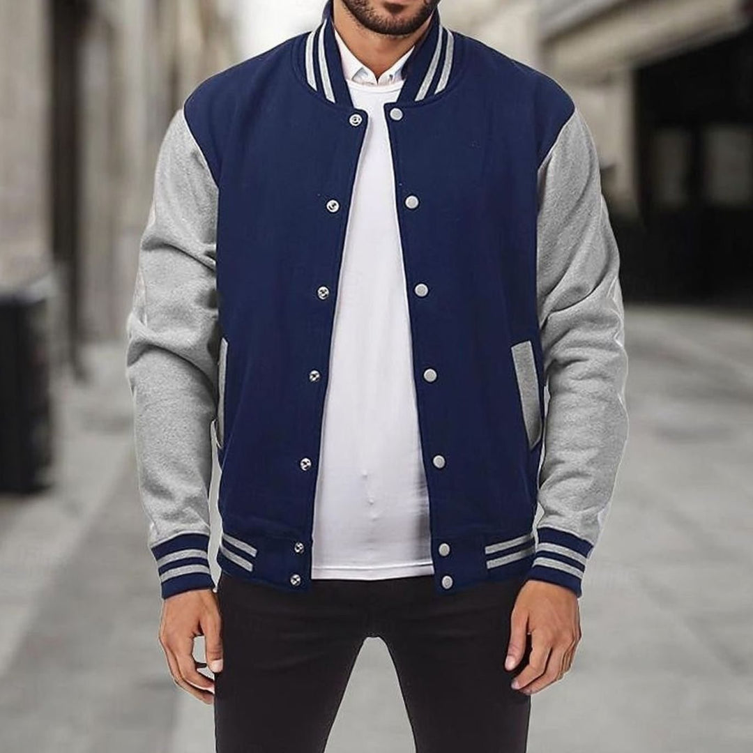 Men's Classic Snap-Front Varsity Jacket Ribbed Collar - Navy Blue