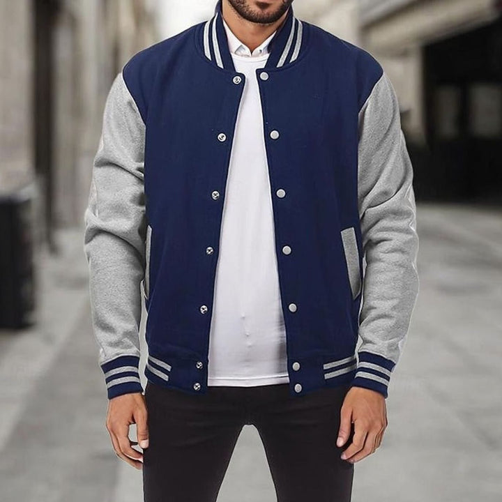 Men's Classic Snap-Front Varsity Jacket Ribbed Collar - Navy Blue