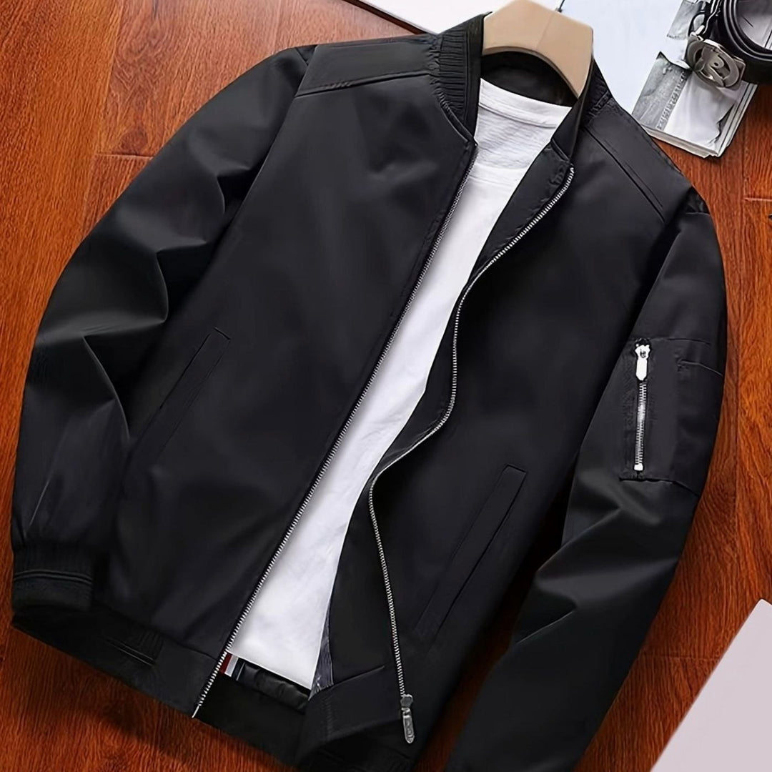 Men's Classic Zip-Up Bomber Jacket Ribbed Collar Cuffs - Black