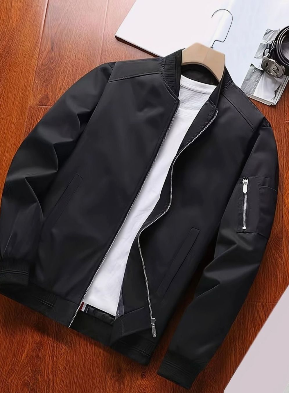 Men's Classic Zip-Up Bomber Jacket Ribbed Collar Cuffs
