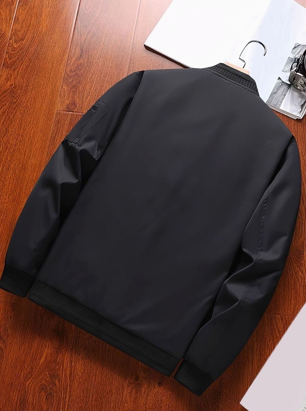 Men's Classic Zip-Up Bomber Jacket Ribbed Collar Cuffs