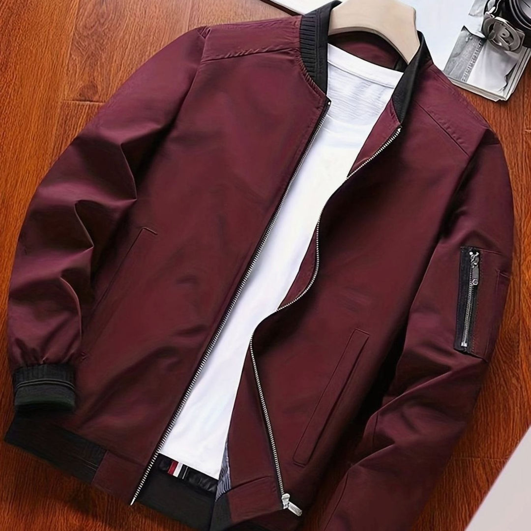 Men's Classic Zip-Up Bomber Jacket Ribbed Collar Cuffs - Burgundy