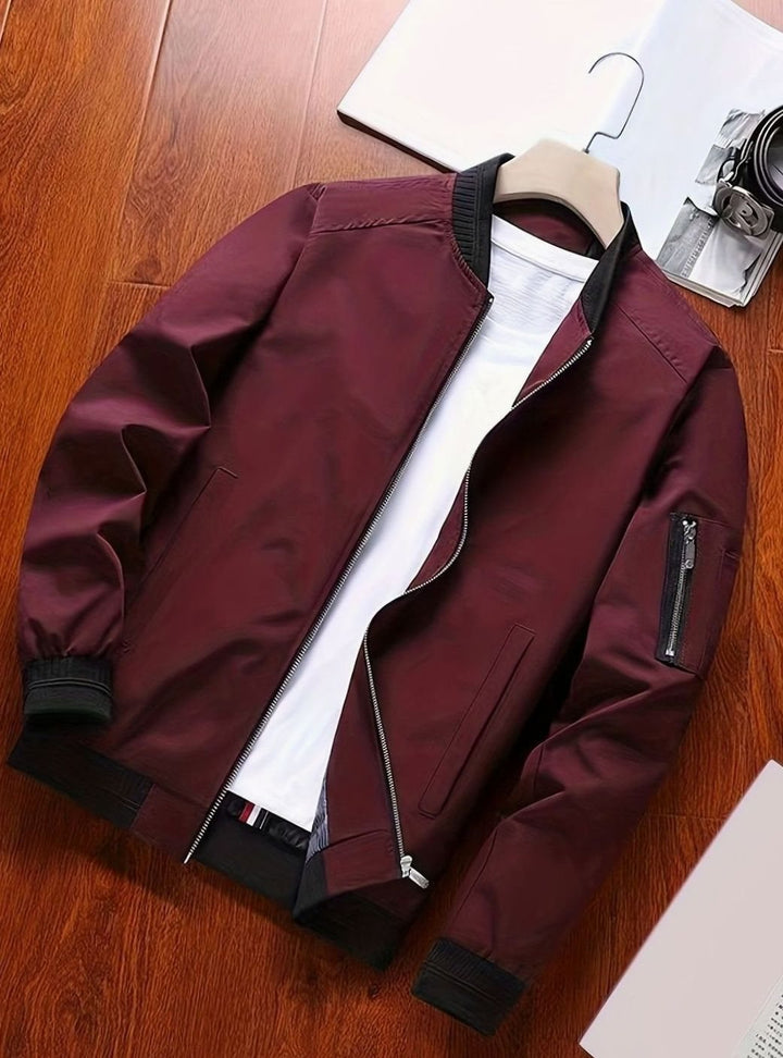 Men's Classic Zip-Up Bomber Jacket Ribbed Collar Cuffs