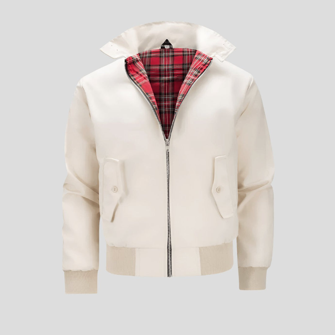 Men's Classic Zip-Up Bomber Jacket Tartan-Lined Ribbed-Cuff - Beige