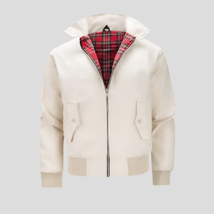 Men's Classic Zip-Up Bomber Jacket Tartan-Lined Ribbed-Cuff - Beige