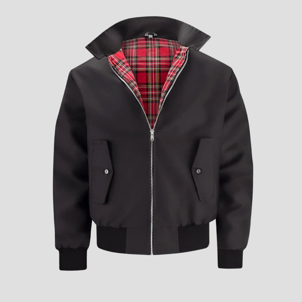 Men's Classic Zip-Up Bomber Jacket Tartan-Lined Ribbed-Cuff - Black