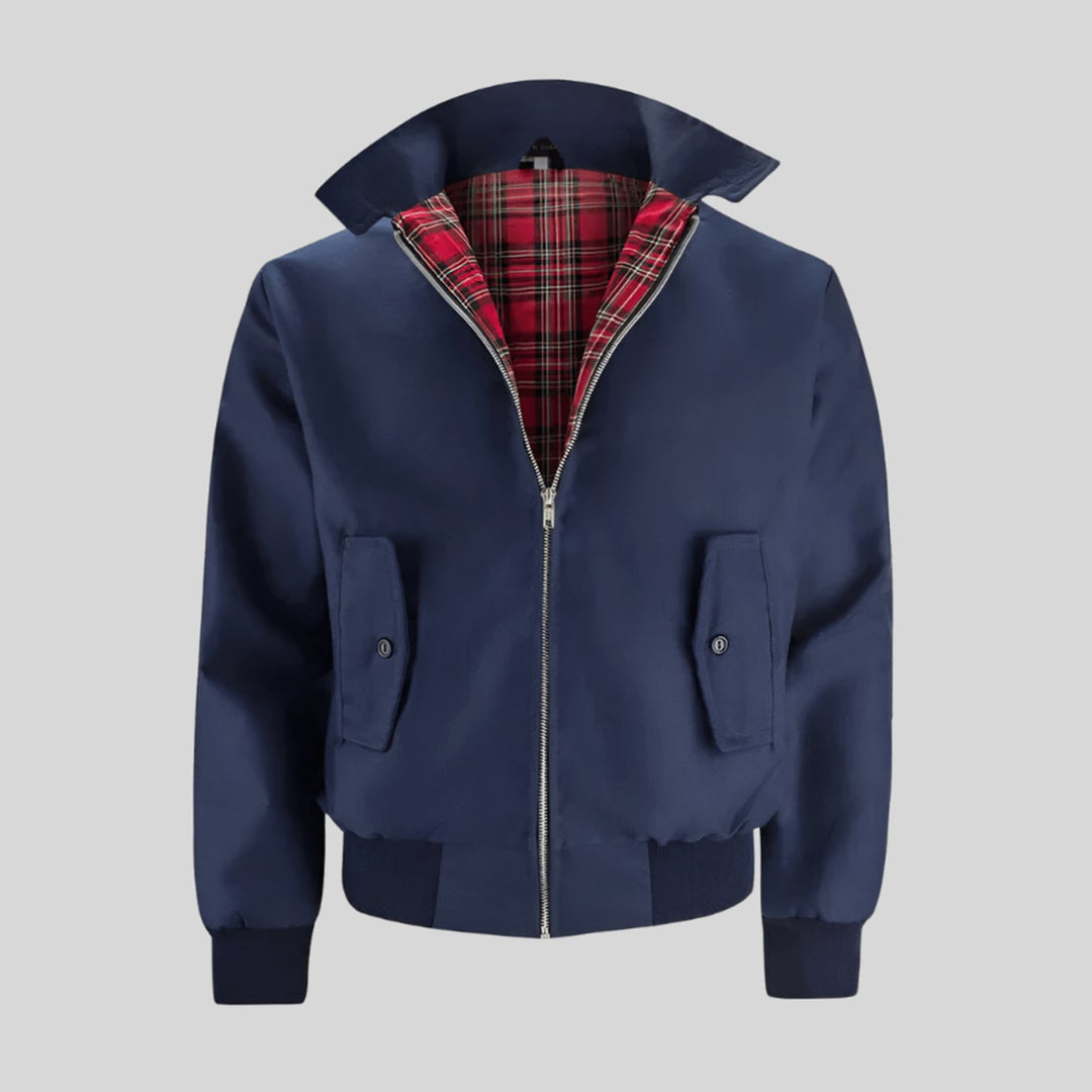 Men's Classic Zip-Up Bomber Jacket Tartan-Lined Ribbed-Cuff - Dark Blue