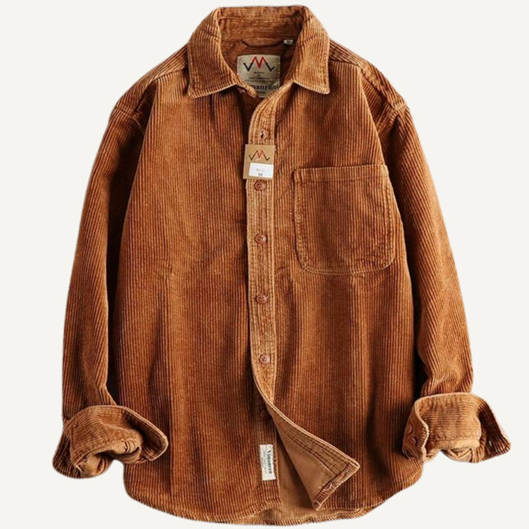 Men's Corduroy Long Sleeve Shirt Relaxed-Fit Button-Up Chest Pocket - Orange