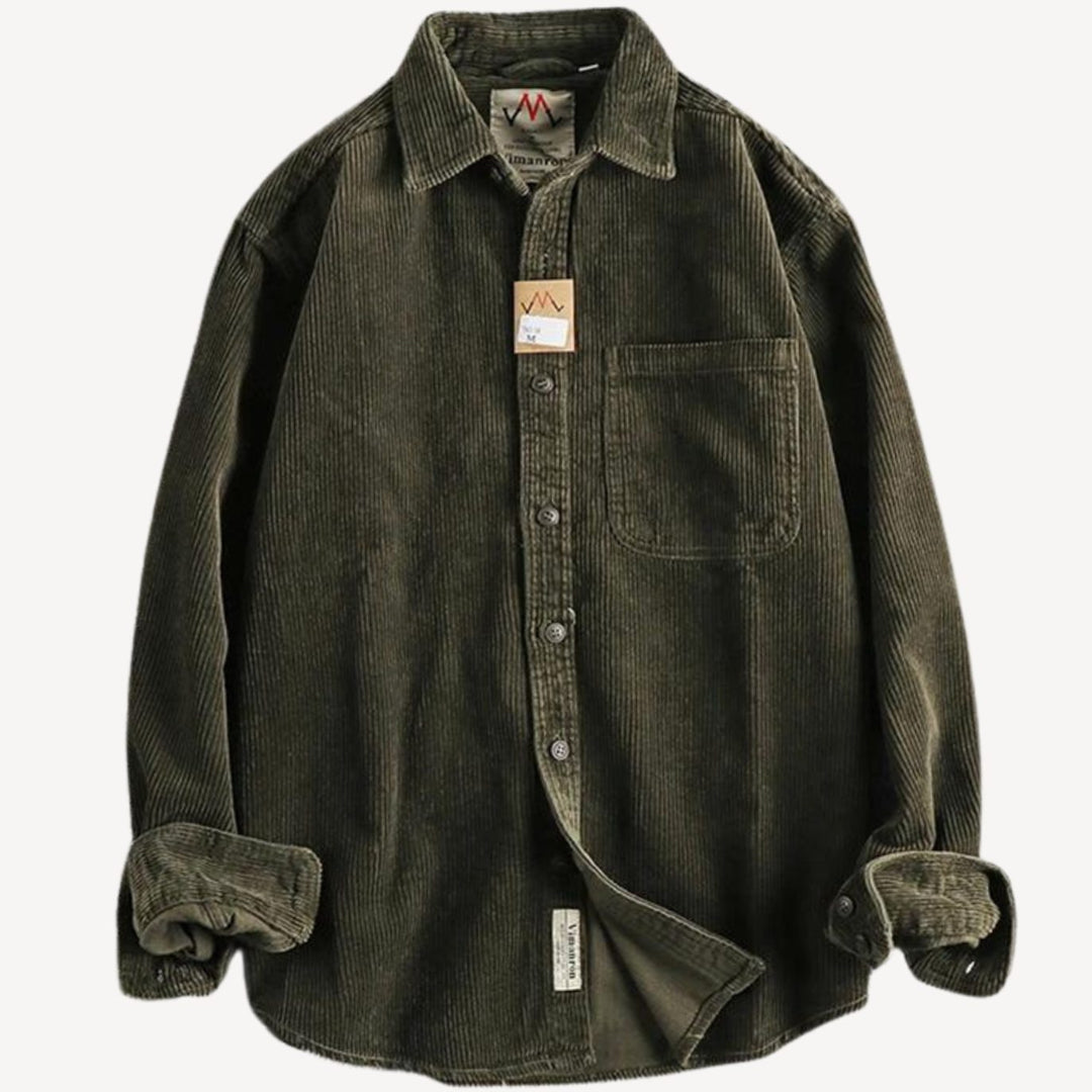 Men's Corduroy Long Sleeve Shirt Relaxed-Fit Button-Up Chest Pocket - Green
