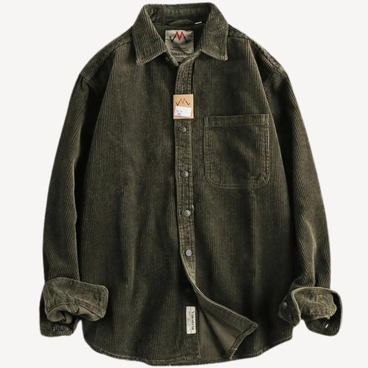 Men's Corduroy Long Sleeve Shirt Relaxed-Fit Button-Up Chest Pocket - Green
