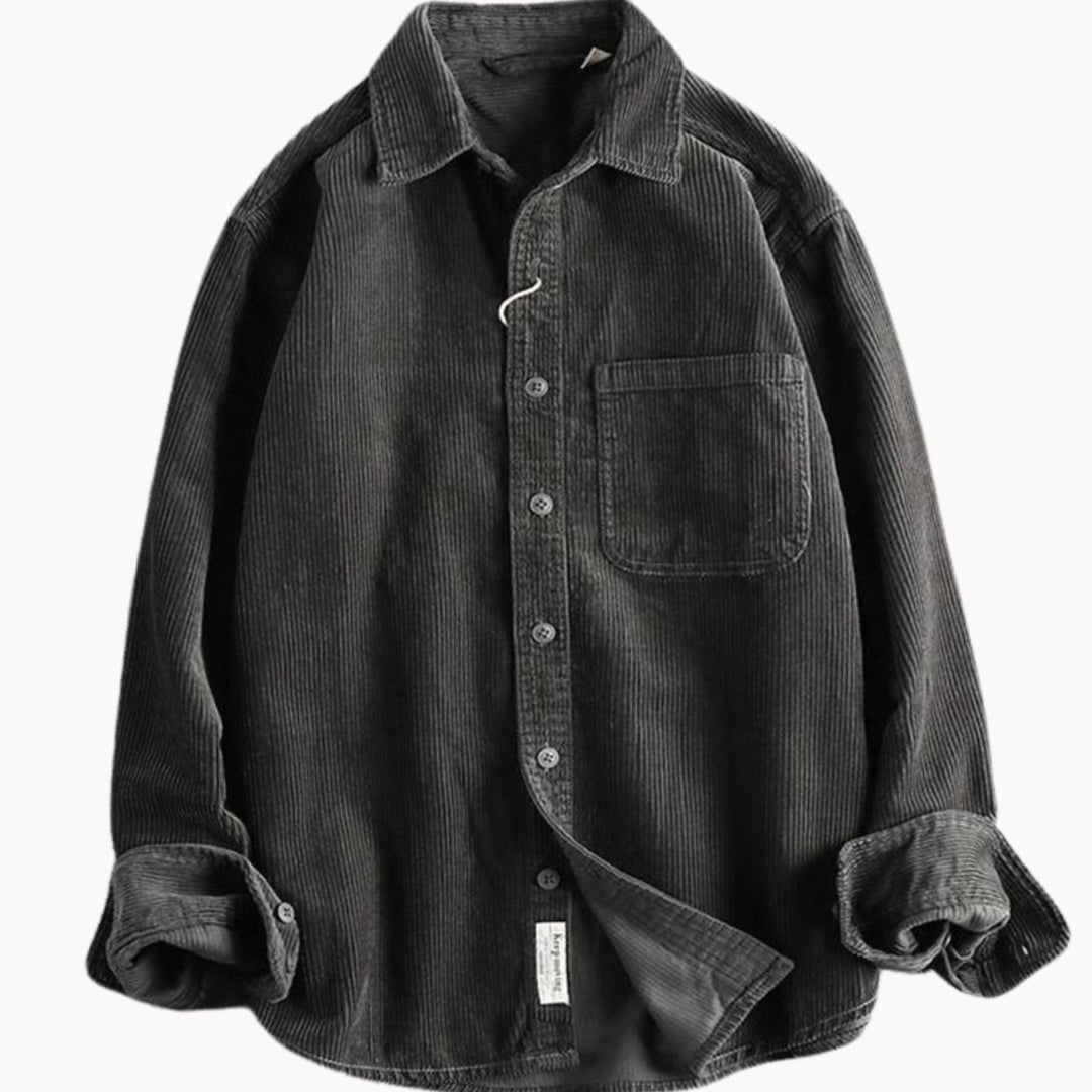 Men's Corduroy Long Sleeve Shirt Relaxed-Fit Button-Up Chest Pocket - Grey