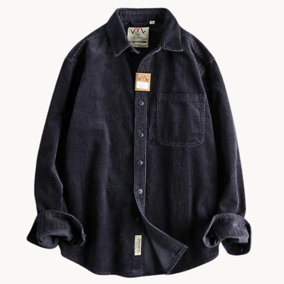 Men's Corduroy Long Sleeve Shirt Relaxed-Fit Button-Up Chest Pocket - Navy Blue