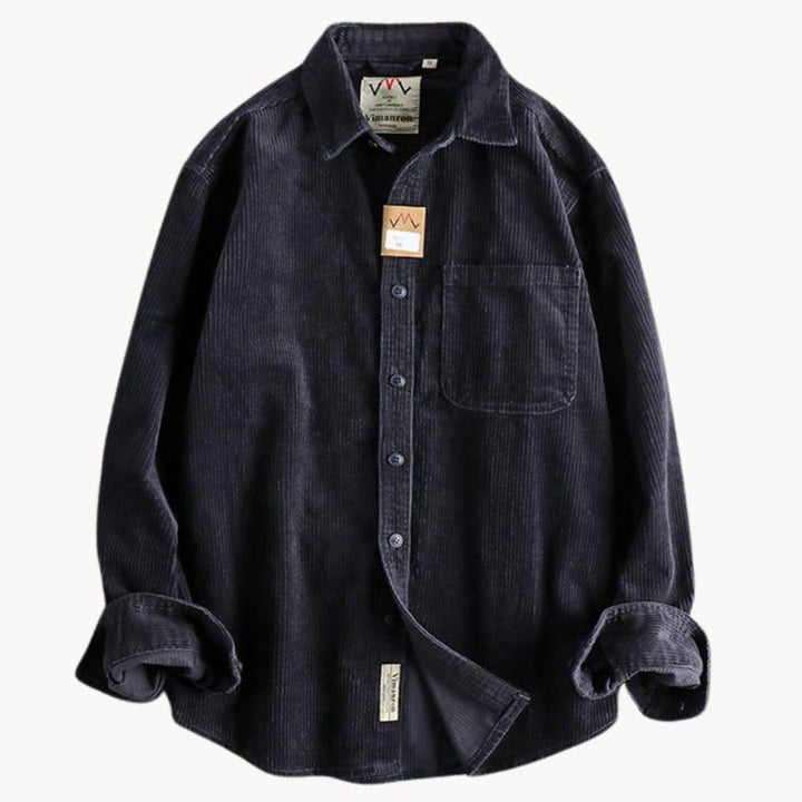 Men's Corduroy Long Sleeve Shirt Relaxed-Fit Button-Up Chest Pocket - Navy Blue