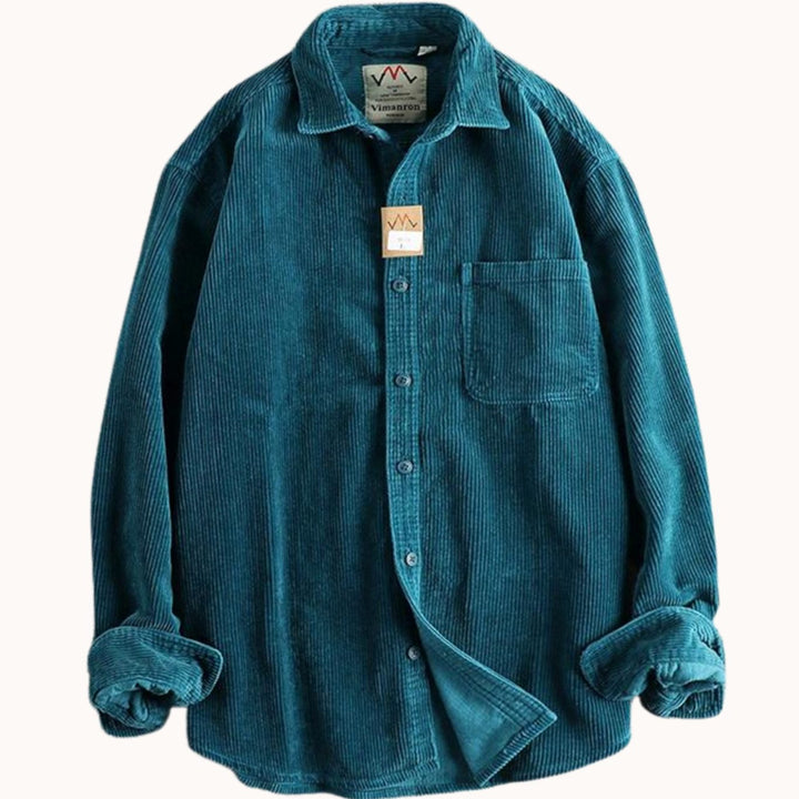 Men's Corduroy Long Sleeve Shirt Relaxed-Fit Button-Up Chest Pocket - Blue
