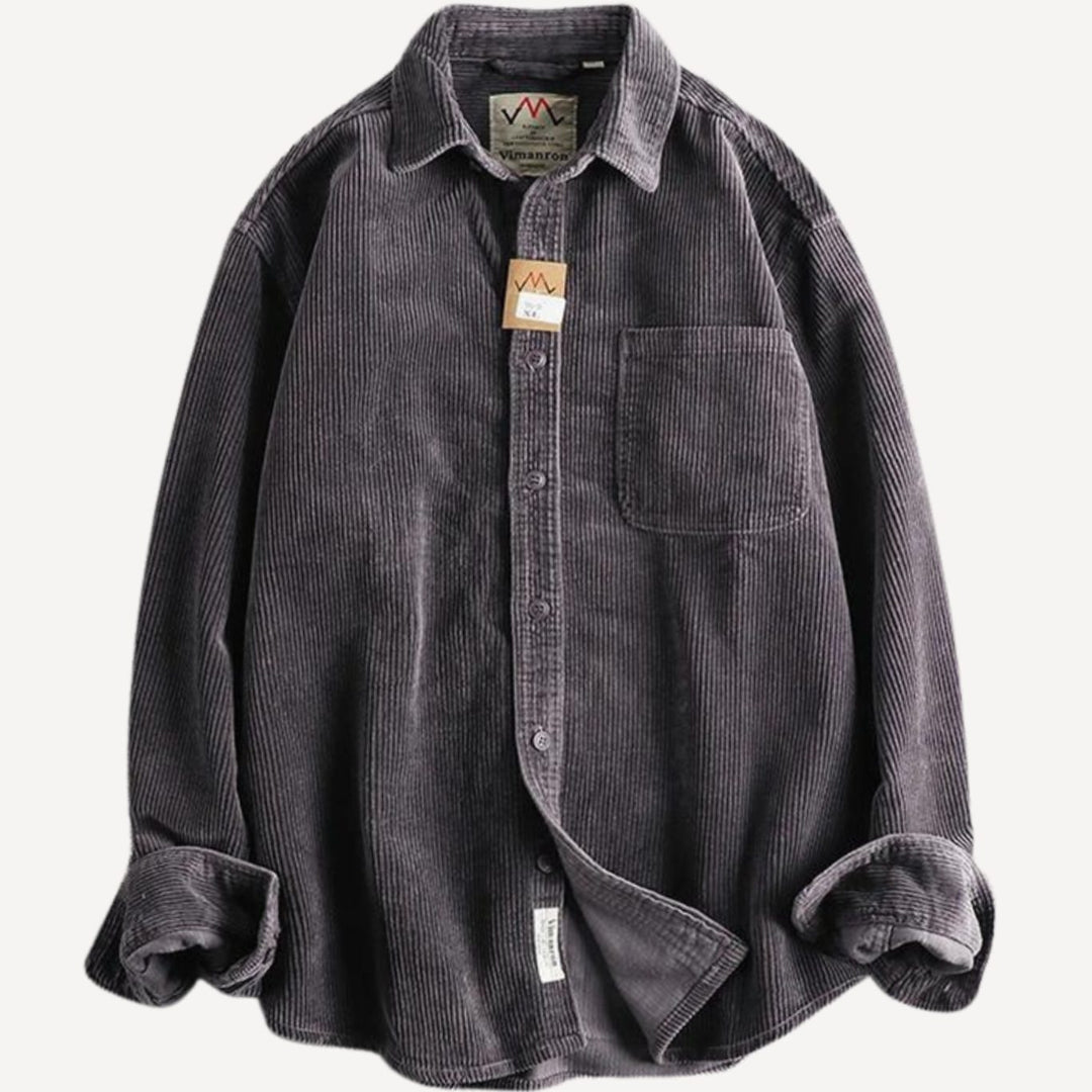 Men's Corduroy Long Sleeve Shirt Relaxed-Fit Button-Up Chest Pocket - Plum