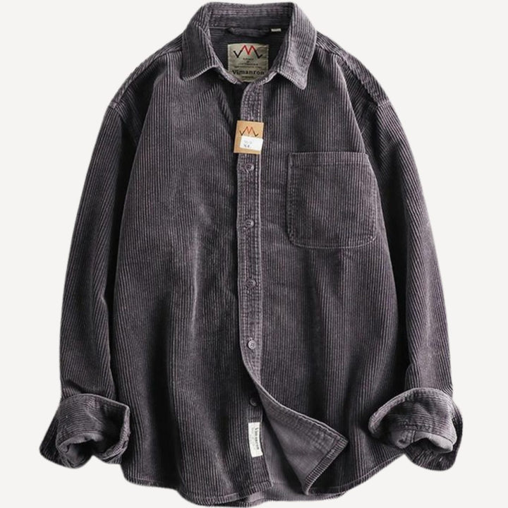 Men's Corduroy Long Sleeve Shirt Relaxed-Fit Button-Up Chest Pocket - Plum