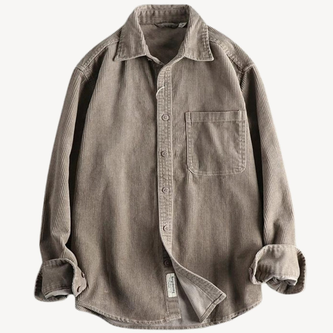 Men's Corduroy Long Sleeve Shirt Relaxed-Fit Button-Up Chest Pocket - Taupe