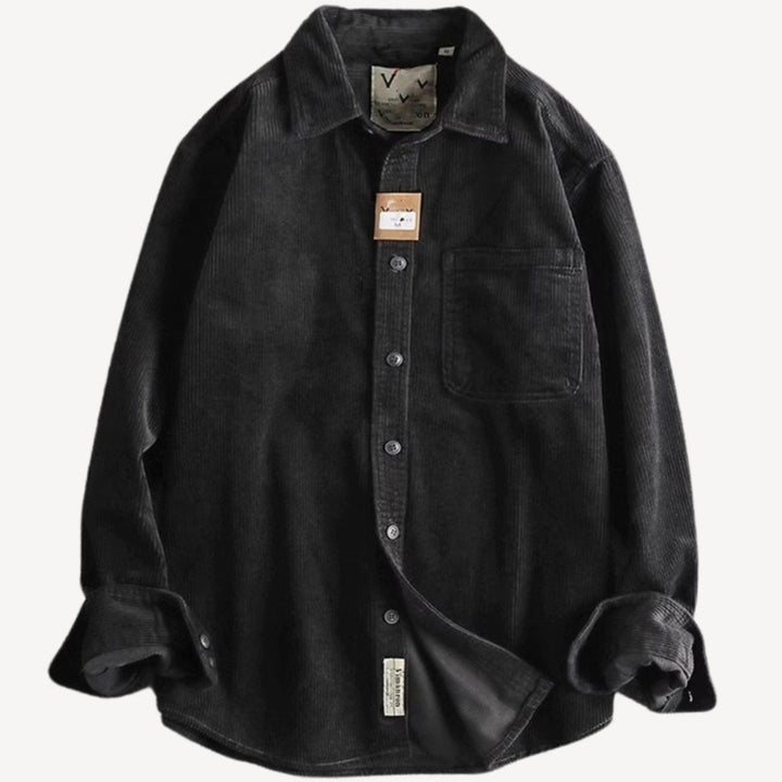 Men's Corduroy Long Sleeve Shirt Relaxed-Fit Button-Up Chest Pocket - Black