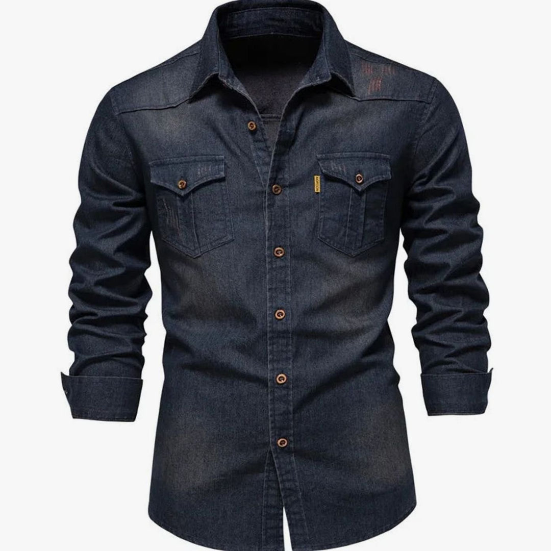 Men's Denim Long-Sleeve Button-Up Shirt Dual Chest Pockets - Navy Blue