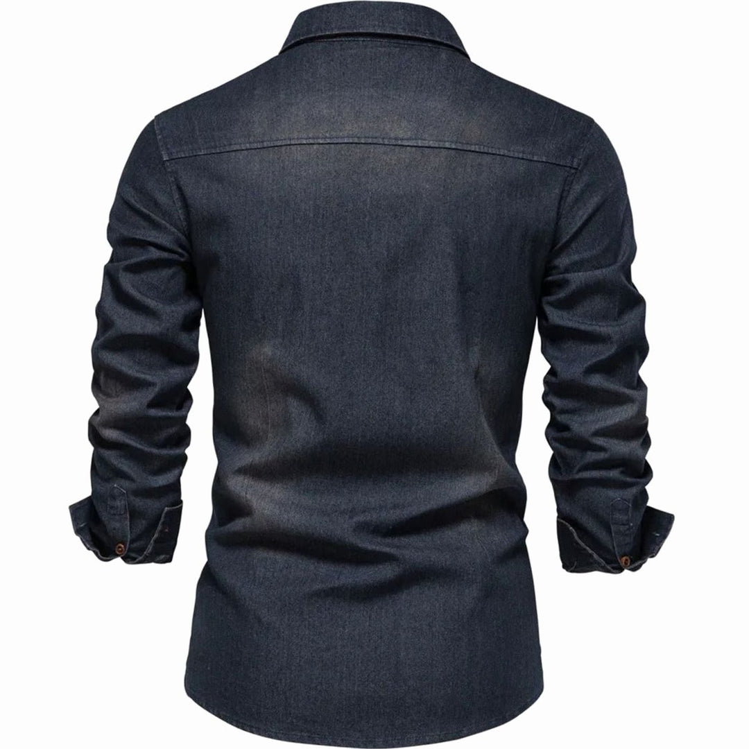 Men's Denim Long-Sleeve Button-Up Shirt Dual Chest Pockets