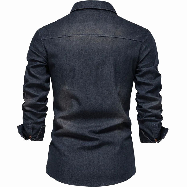 Men's Denim Long-Sleeve Button-Up Shirt Dual Chest Pockets