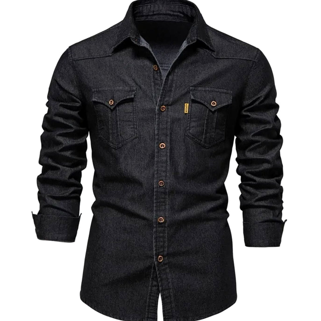 Men's Denim Long-Sleeve Button-Up Shirt Dual Chest Pockets - Black