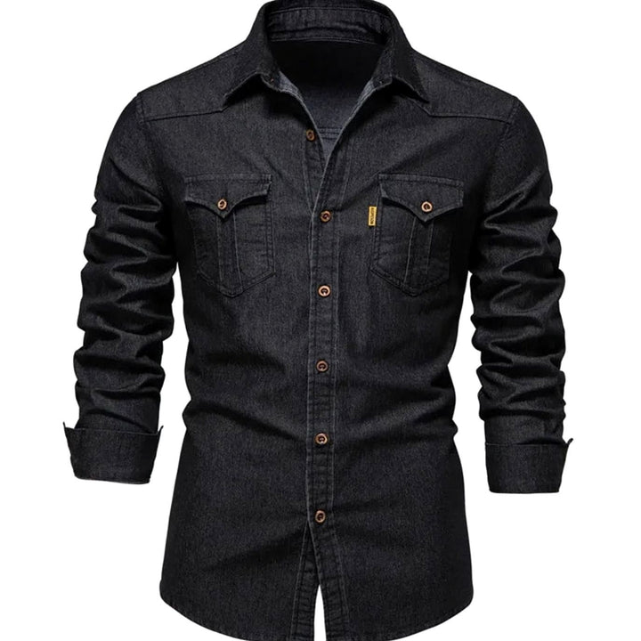 Men's Denim Long-Sleeve Button-Up Shirt Dual Chest Pockets - Black