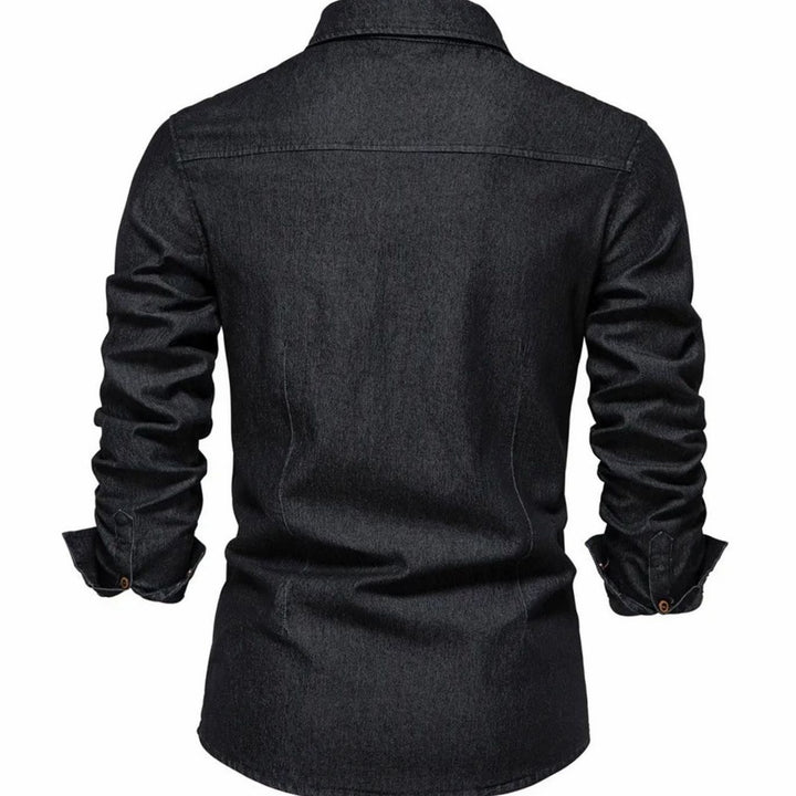 Men's Denim Long-Sleeve Button-Up Shirt Dual Chest Pockets