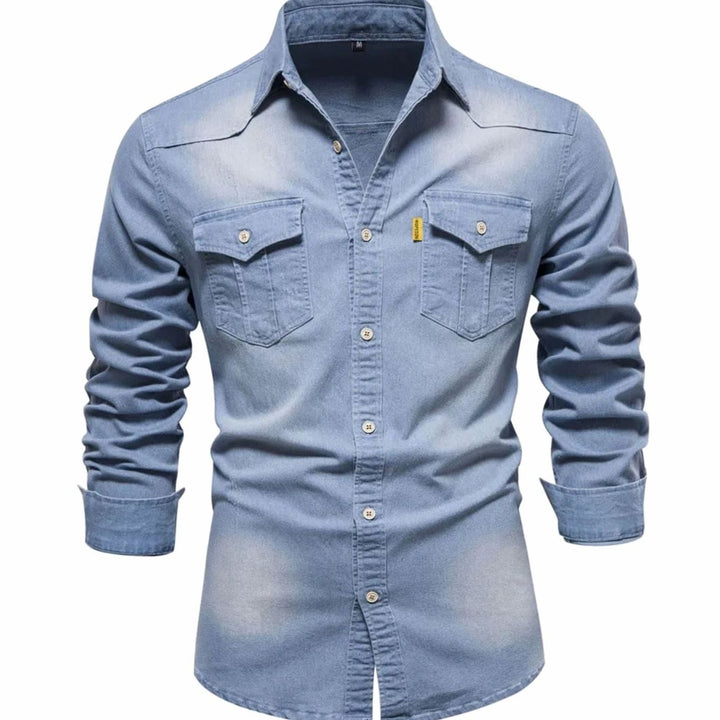 Men's Denim Long-Sleeve Button-Up Shirt Dual Chest Pockets - Light Blue