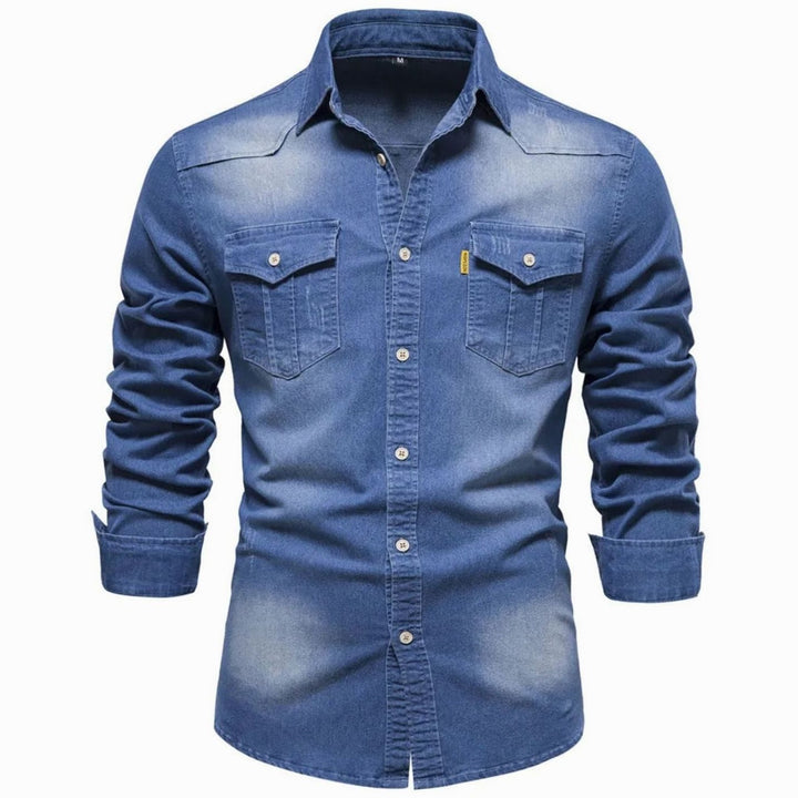 Men's Denim Long-Sleeve Button-Up Shirt Dual Chest Pockets - Blue