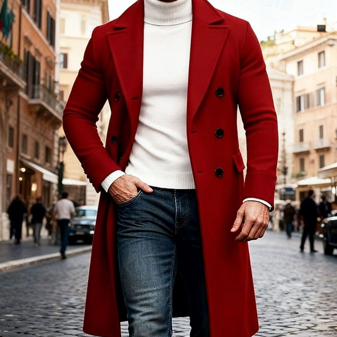Men's Double-Breasted Long Wool Coat Tailored Overcoat - Wine