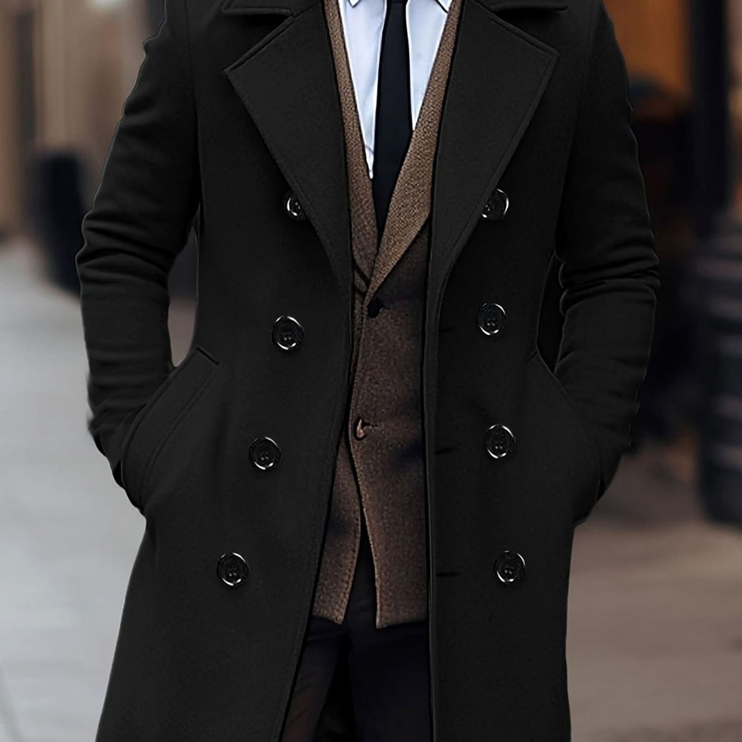 Men's Double-Breasted Tailored Wool Overcoat, Black - Black