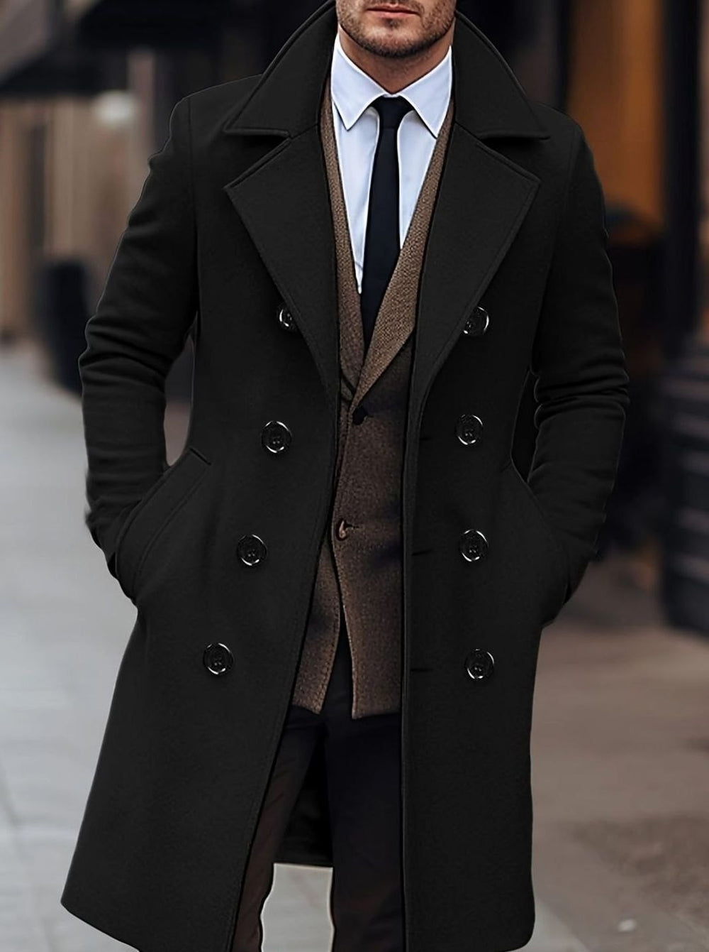 Men's Double-Breasted Tailored Wool Overcoat, Black